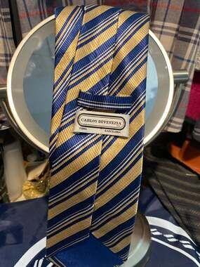 Carlos Devenezia Roma Barcelona Blue and Yellow Diagonal Striped Silk Necktie